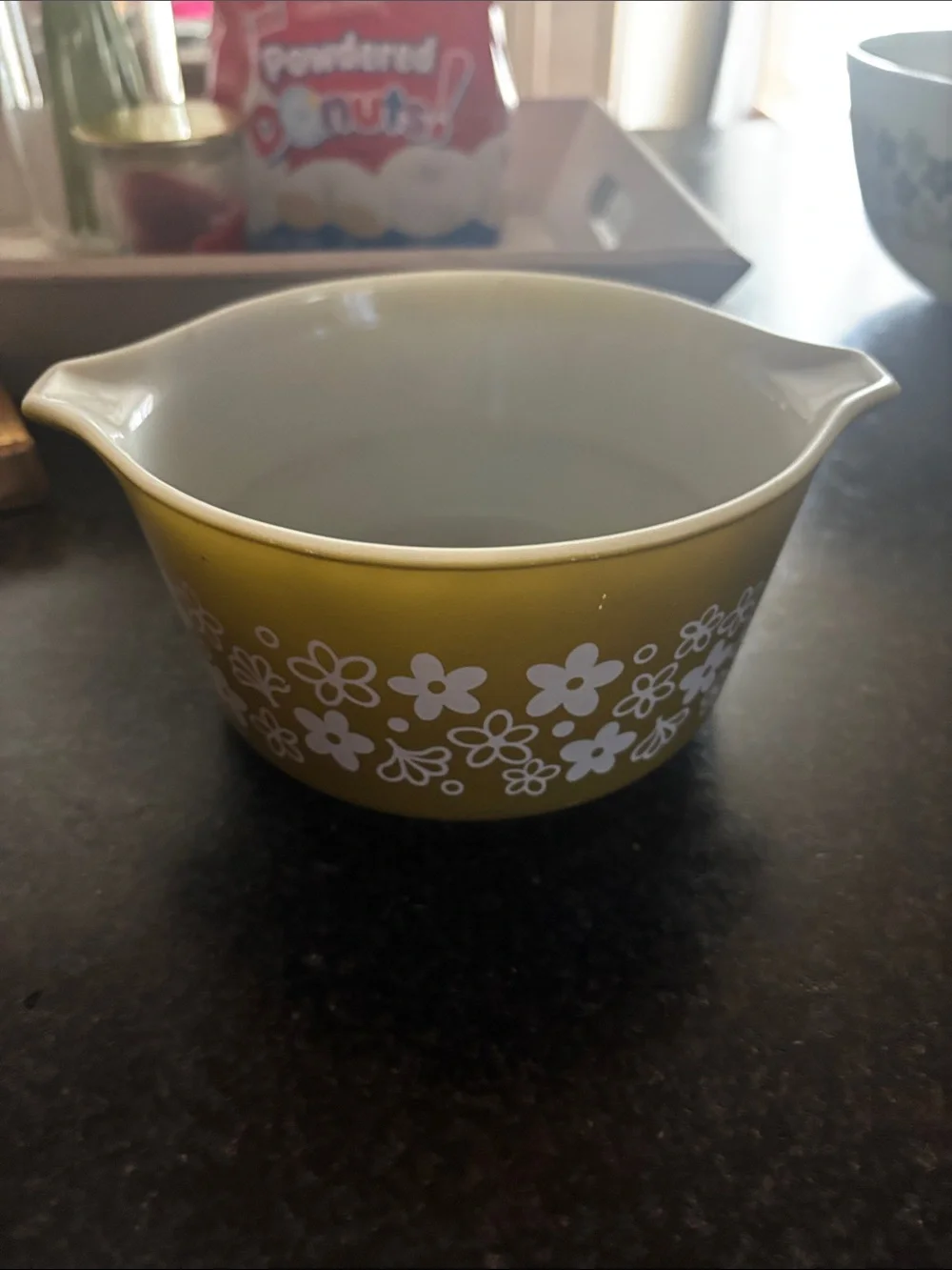 Pyrex Olive Green Floral Prep Bowl with White Flower Pattern